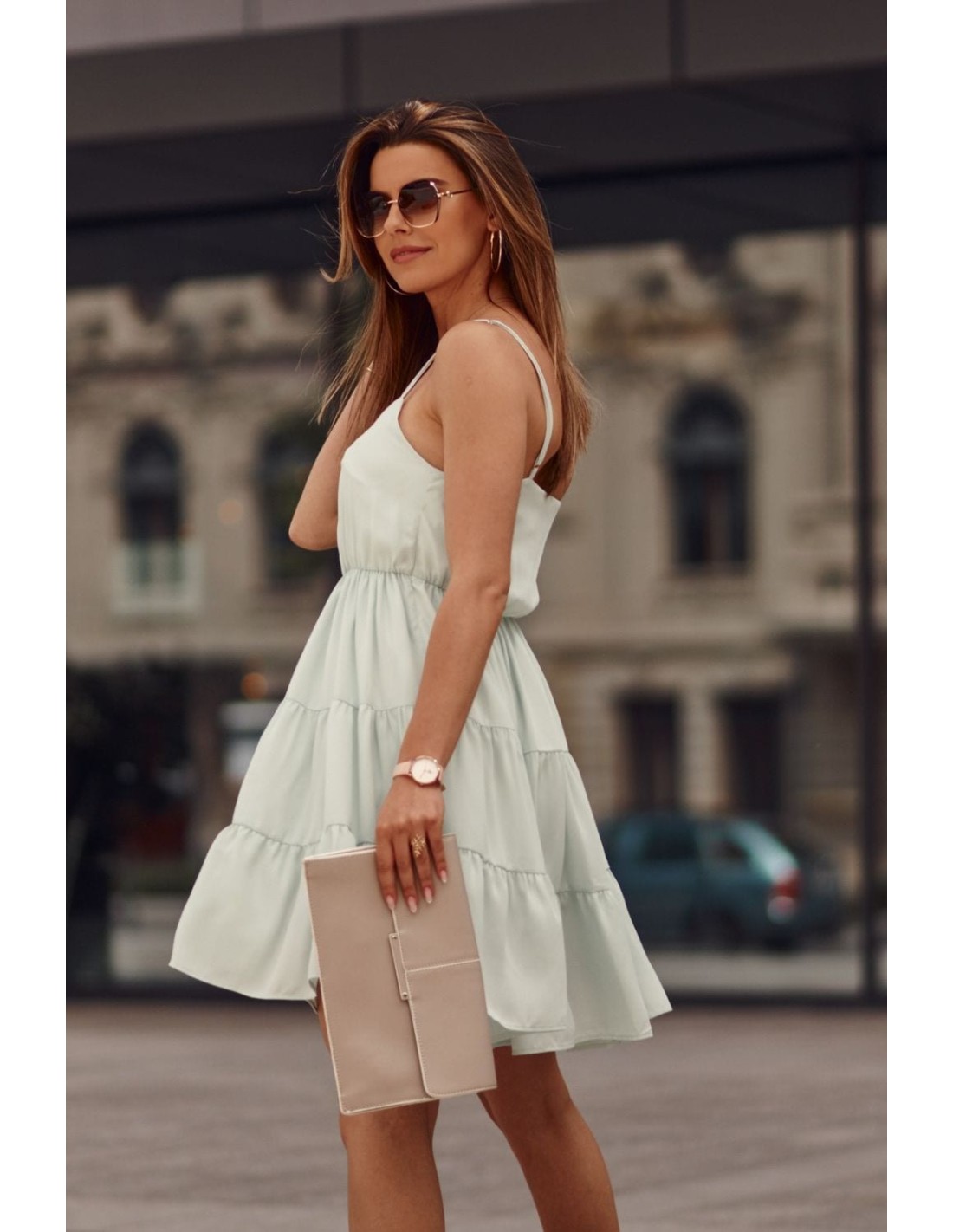 Kleid mit dünnen Trägern und Rüschen, Mint PR3214 – Online-Shop – Boutique